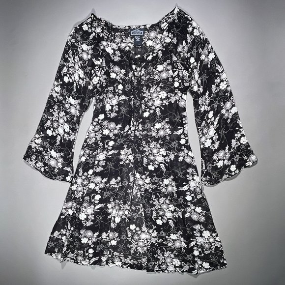Angie Tunic Black/Flowers Laces up the Front Slits on the Sides/Front Size Small - Picture 1 of 16